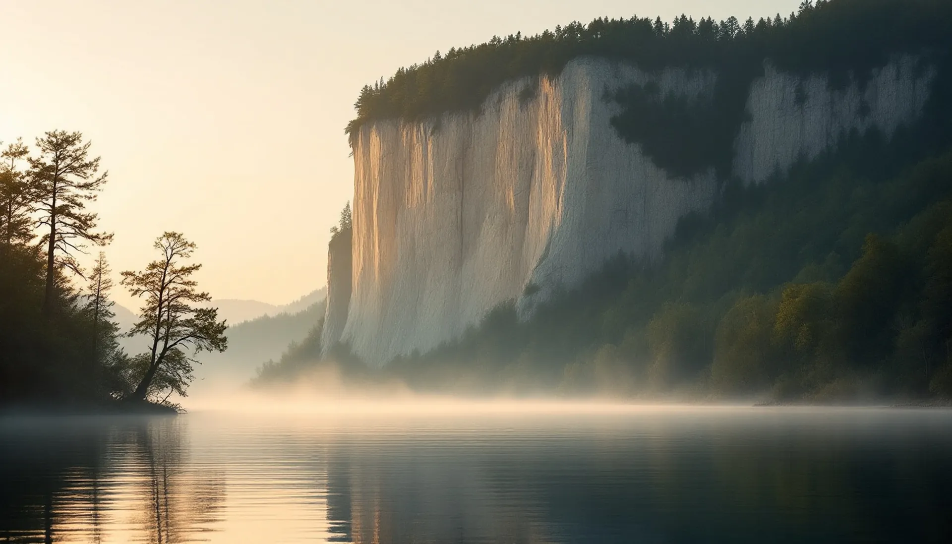 Calm dawn river below a wooded bluff, the NoteBluff loan request for $100 to $5,000